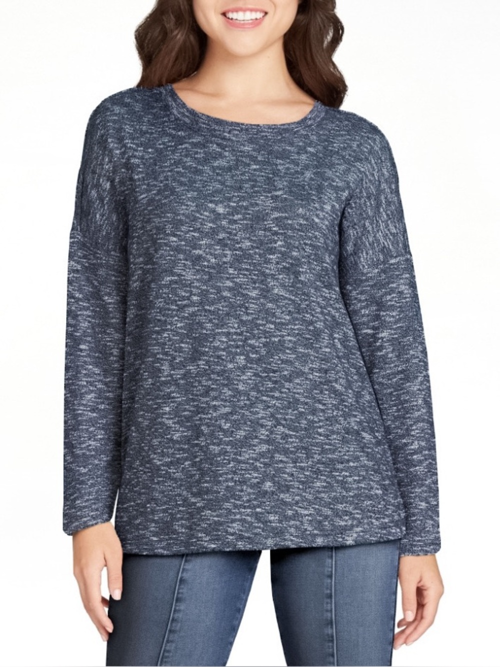 Time and Tru Drop Shoulder Boxy Knit Tee Long Sleeve Navy Blue